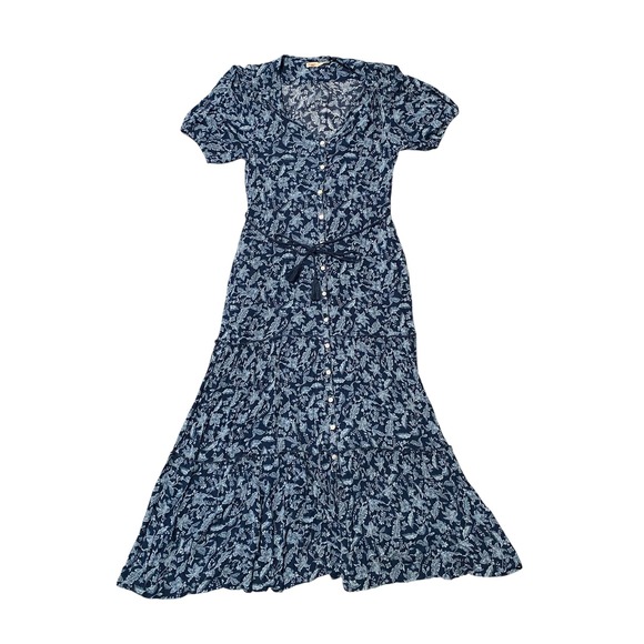 Faherty Dresses & Skirts - Faherty Isha Dress Navy Blue Floral Tiered Button Front Midi Womens Size Small